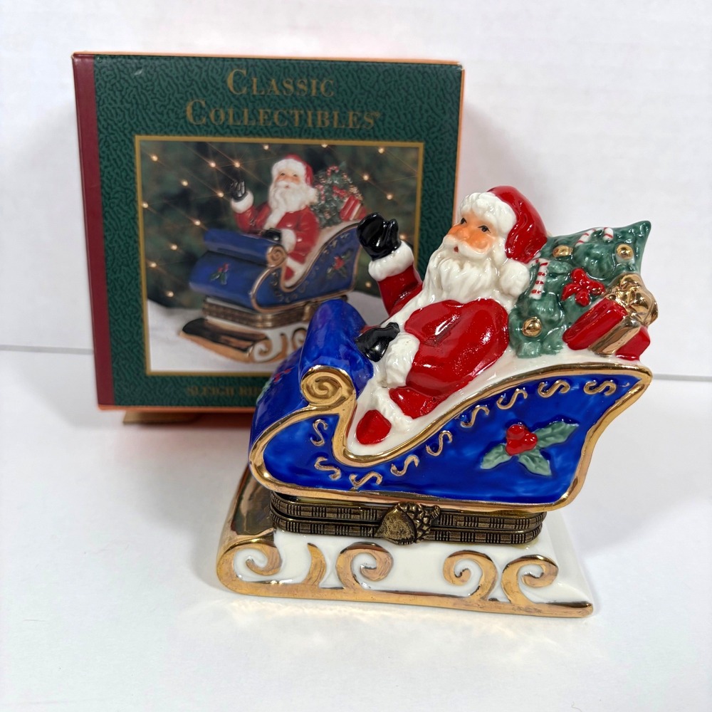 1996 Sleigh Ride Santa Claus Hinged Trinket Box Blue Gold Holiday Decor